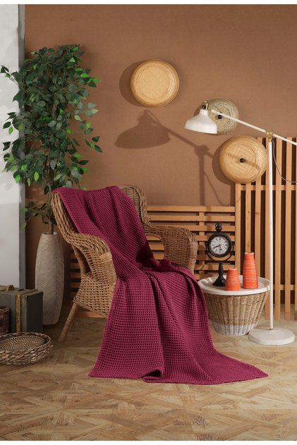 Burgundy Waffle Pattern Fringeless Sofa Cover/Tv Blanket 140X200Cm