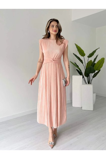 Women's Powder Stylish Waist Detailed Padded Lined Summer Dress