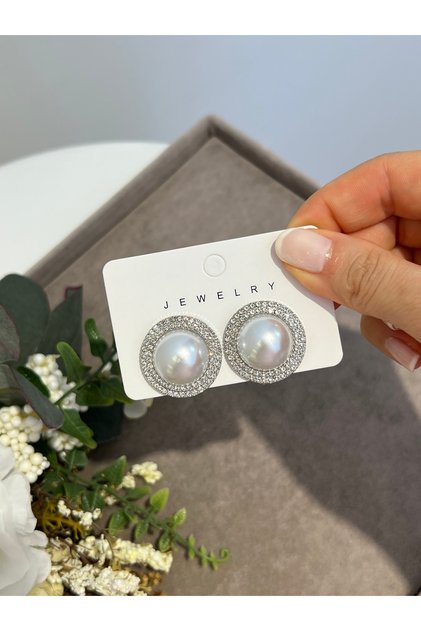 Silver İncili Kenarları Zirkon Taşlı Yuvarlak Çelik Küpe Sevgiliye Hediye