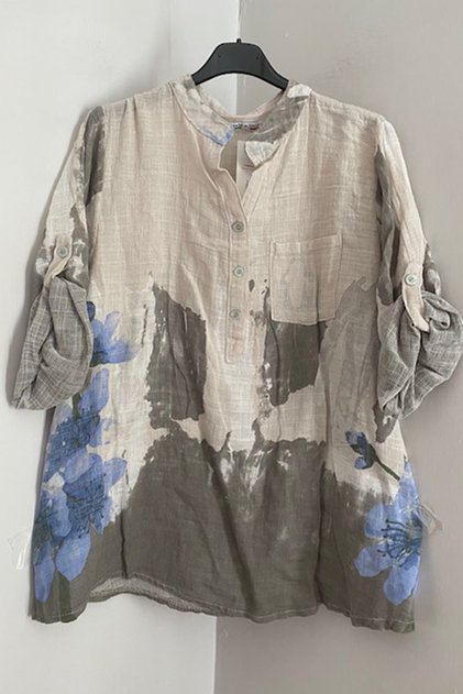 Women's Italian Beige Patterned Button Detailed Folding Orphan Sleeves 100% Cotton Blouse