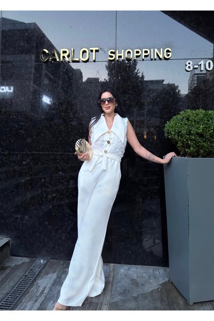 Women's Imported Fabric Button Detail Rose Patterned Belted Lined Special Design Jumpsuit Dress