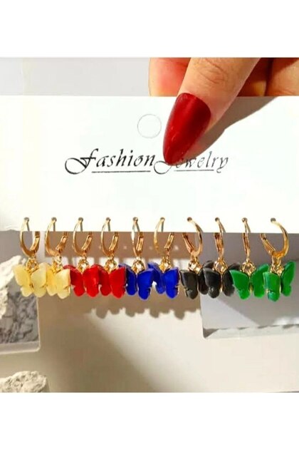 Colorful Butterfly Figured Hoop Earrings Set of 5 (All Colors)