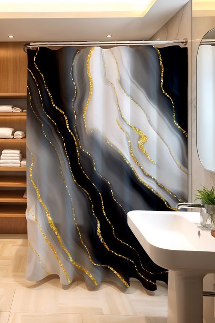 Bathroom Curtain, Marble Gold Mix Pattern Shower Curtain, Bathtub Curtain 175X200Cm