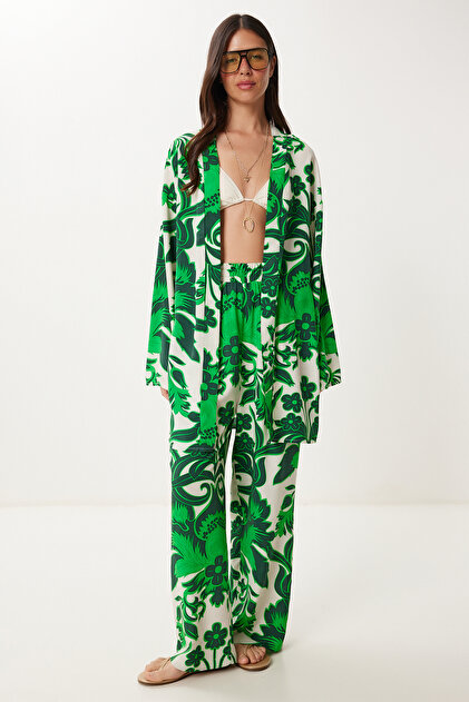 Patterned Summer Viscose Kimono Pants Set Green Bone Lje0003