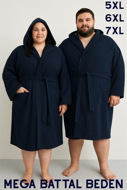 Lacivert Renkli Mega Battal Beden Unisex %100 Pamuklu Kapüşanlu Lüks Bornoz (5XL-6XL-7XL Beden)
