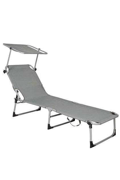 Șezlong pliabil cu parasolar, 188x57x38cm, sarcină 120kg, gri