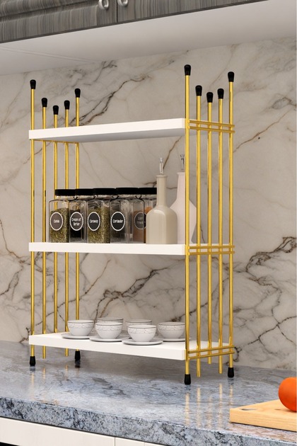 Mutfak Rafı Tezgah Üstü Düzenleyici Banyo Rafı 3 Kat Organizer Gold Baharatlık Raf Çok Amaçlı Stand