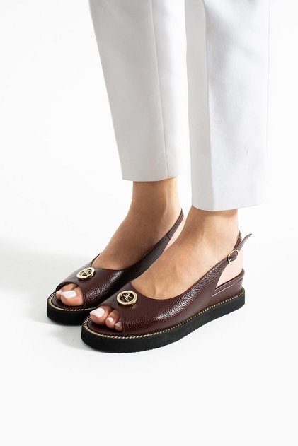 Women's Genuine Leather Wedge Heeled Shoes Brown