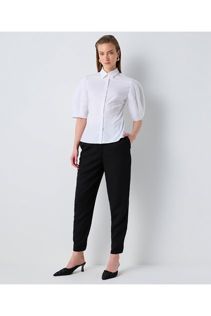 Fabric mix balloon sleeve shirt