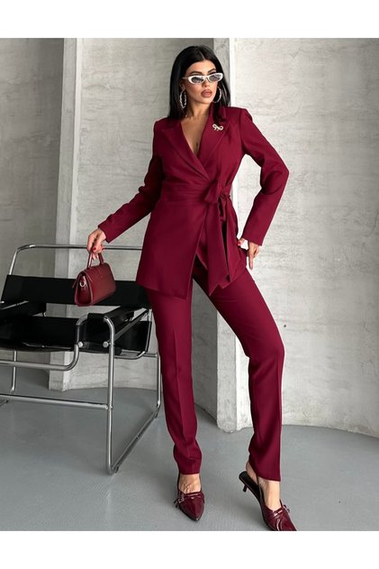 Women's Tie-Up Jacket Trousers Suit Burgundy