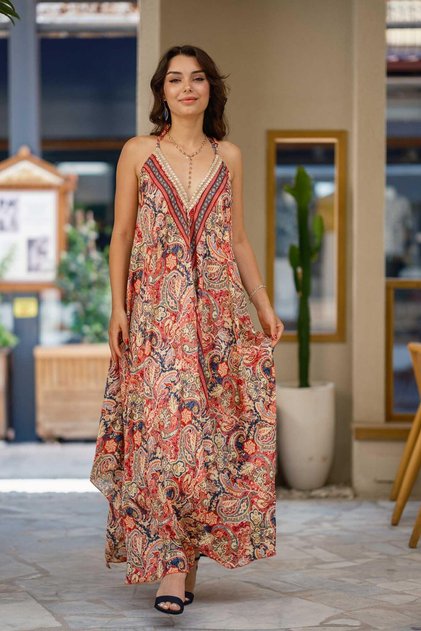 Pink Color Halter Neck Open Back Silk Dress with Sequin Detail