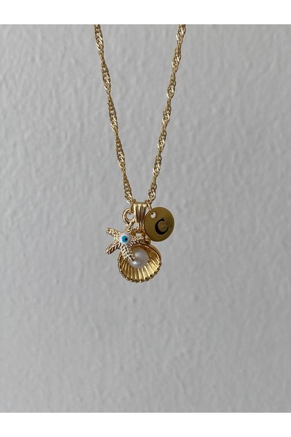 Oyster Detailed Letter and Evil Eye Necklace