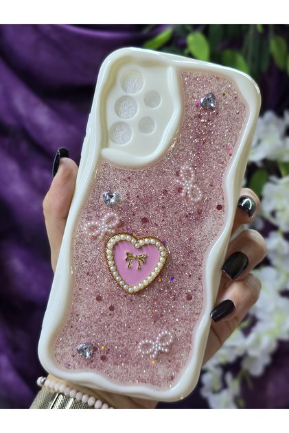 Samsung Galaxy A32 Compatible Stylish Phone Case with Heart Pink Glitter Pearl and Ribbon Detail