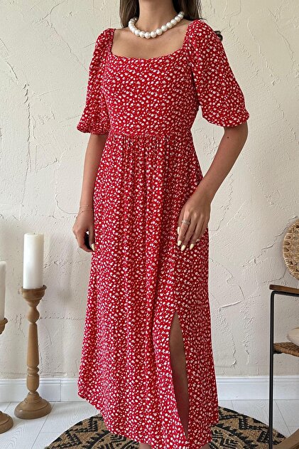Women's Summer Red Floral Patterned Back Low-Cut Midi Length Dress 11B-6940