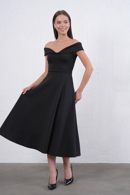 Women's Strapless Kiss Neckline Stretchy Diver Fabric Midi Length Flared Cutout Black Dress 77128