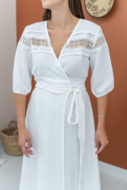 Women's Summer Ecru Lace Detailed Double Breasted Collar Midi Length Linen Dress 10E-6988