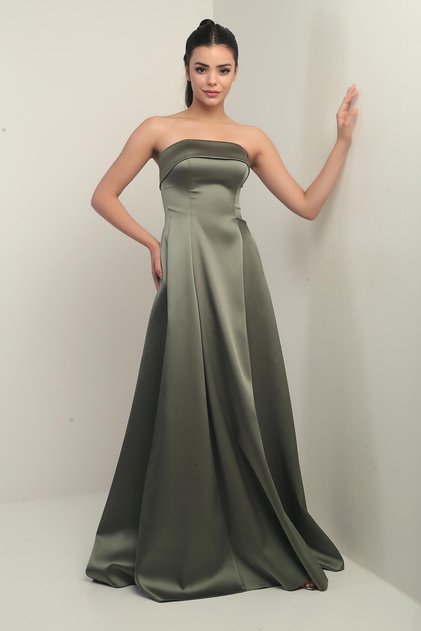 Women's Strapless Lined Long Satin Evening Dress with Pockets