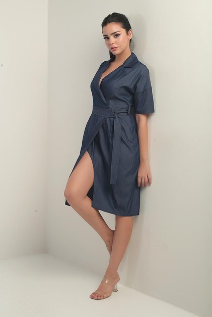 Women's Jacket Collar Waist Belted Pocket Short Lycell Denim Dress