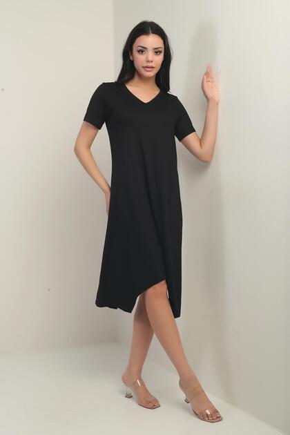 Women's V-Neck Back Angel Wing Chain Detail Asymmetrical Midi Dress