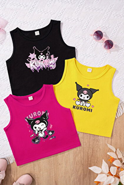 TARZ STİL Kız Çocuk Kuromi Temalı 3'lü Crop Tişört Seti 22157