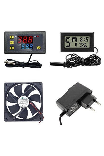 Incubator Set - 4 Pieces - W3230 Thermostat 220V - Heat Humidity Meter - 12V Adapter - 120X120 12V F