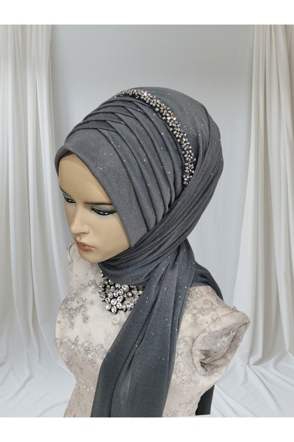 Anthracite Dark Gray Single Ready-Made Veil Ready-Made Shawl Ready-Made Turban with Accessories
