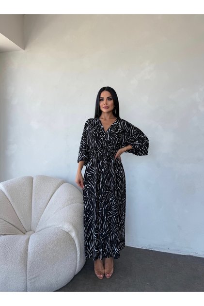 KRUVAZE YAKA BELDEN LASTİKLİ YARASA ELBİSE
