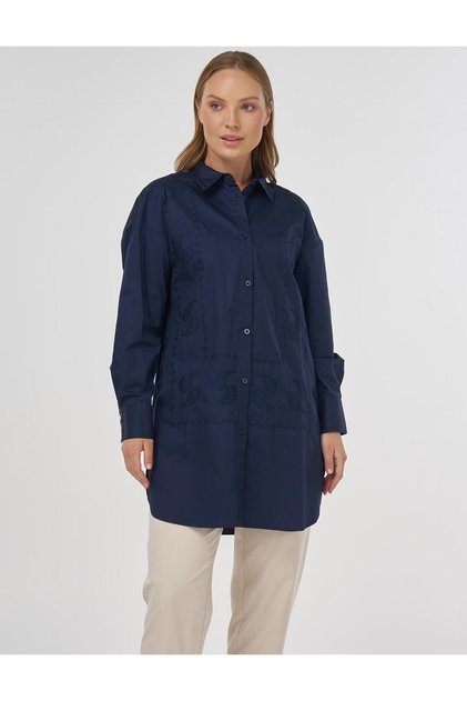 Embroidered Shirt Collar Tunic Navy Blue
