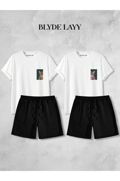 Unisex 2-Piece Leopard Printed Blyde Layy Design Lover Combination (2 Shorts - 2 T-Shirt Sets)