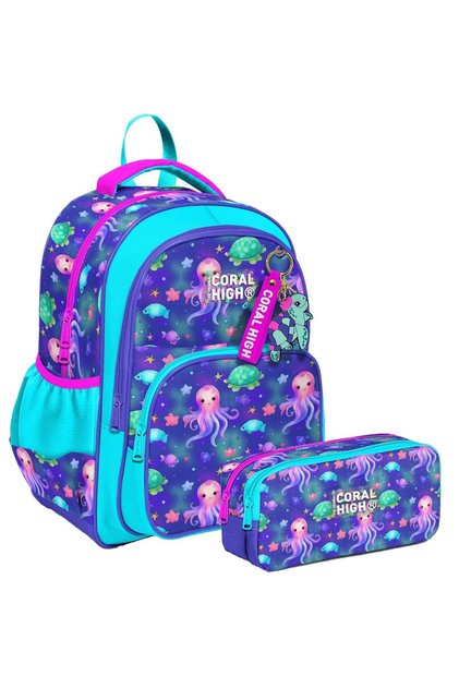 Primary School Backpack and Two Compartment Pen Holder - Girl - Lavender Turquoise Jellyfish