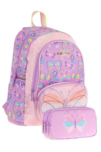 School Backpack and Three Compartment Pen Holder Set for Girls - Purple - Embroidered Butterfly