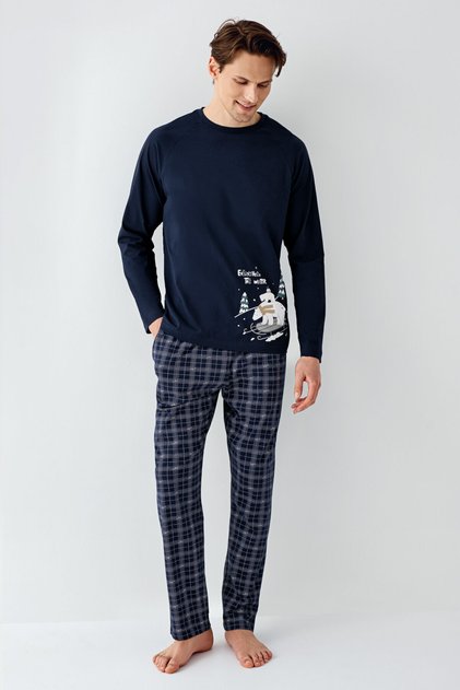 Men's Crew Neck Pigment Printed Winter Regular Fit Navy Blue Pajama Set Ar3444-S-V1