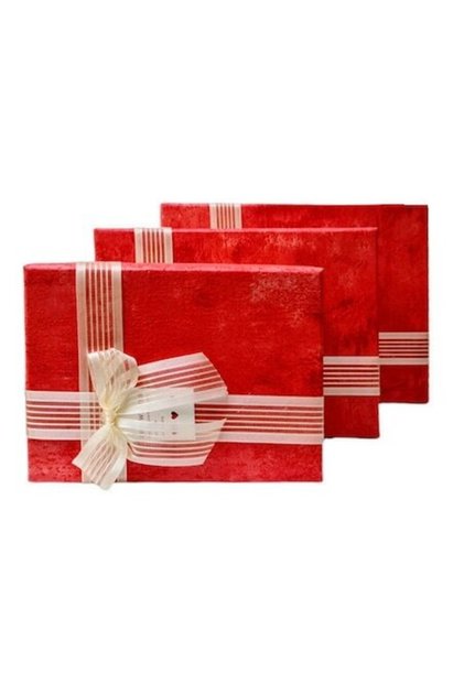 Set 3 cutii cadou dreptunghiulare, fundă din organza, bej cu capac roșu 17,5-22,5 cm