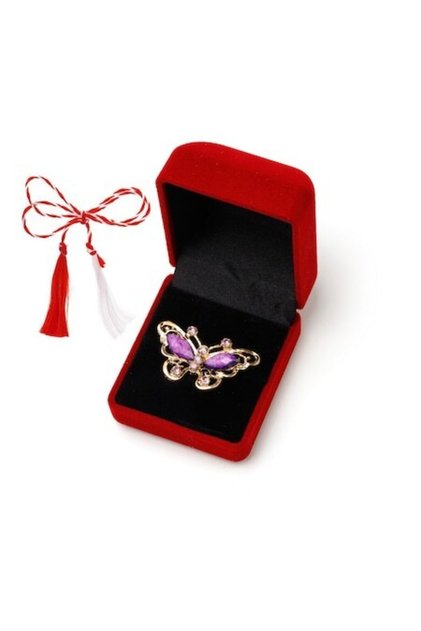 Martisor brosa cu pietre fatetate si strasuri in cutie de catifea, fluture mov