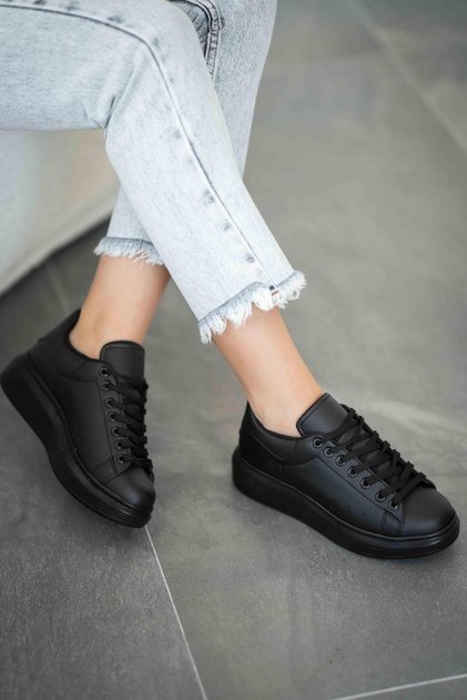 Queen Lace-Up Women's Leather Sports Shoes Black Black