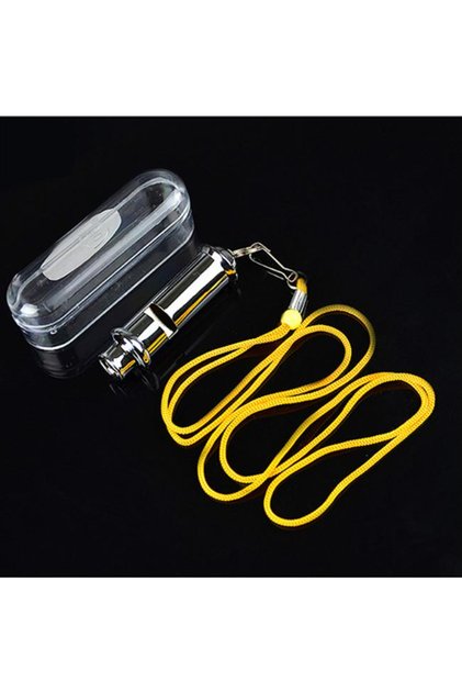 Fluier metalic inox 6.5 cm cu șnur galben