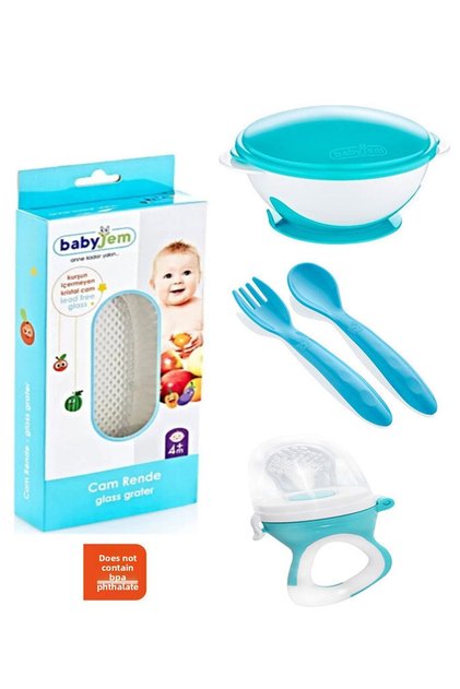 Vacuum Food Plate + Food Spoon and Fork Set Blue + Silicone Tip Fruit and Vegetable Pacifier + Glass Grater