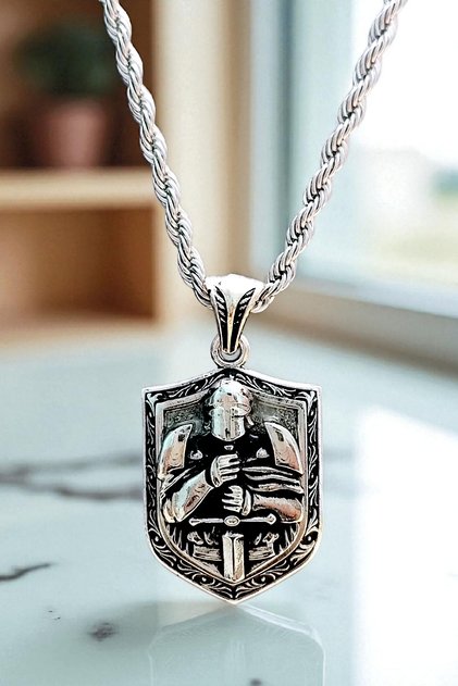 Men'S, Special Design Spartan Knight Shield K-118 Stainless Kromix Steel Silver Plated Pendant Medallion
