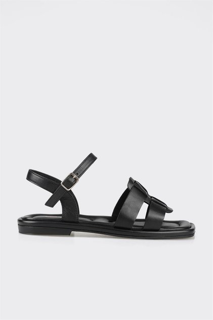 Black Leather Women's Flat Sandals
