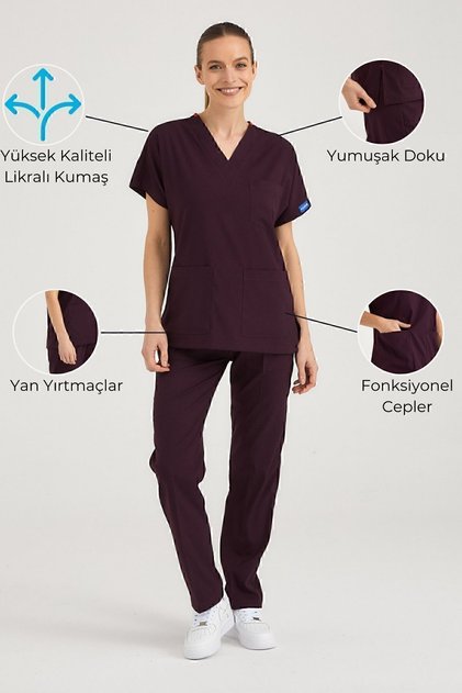 Mürdüm Likralı Hemşire Forması Alt Üst Cerrahi Takım Scrubs Üniforma Cerrahi Forma