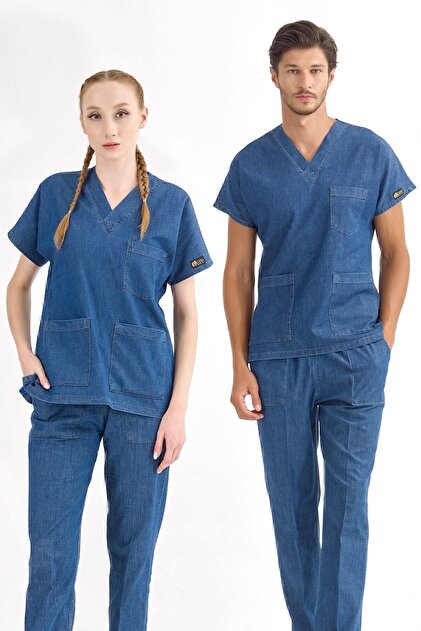 Kot Mavisi Medijean Tek Üst Doktor Hemşire Scrubs Forma (Gerçek Kot Kumaş)