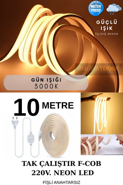 220 Volt Cob Neon Led Günışığı (3000K) | F-cob Led | Yüksek Lümen | Dış-iç Mekan | 10 Metre