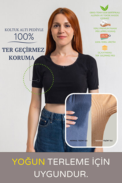 Slim Fit Lace Crop T-Shirt ·100% Sweatproof Underarm Pad, Odor, Stain Blocking Sweat Pad