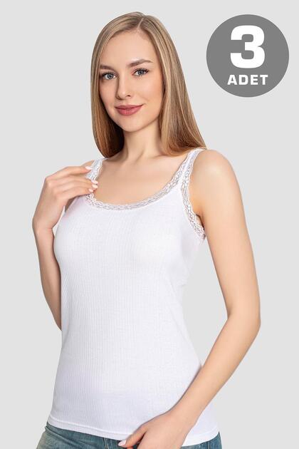 Women's Lace Strap Undershirt White 3 Pack 100% Cotton Ribbed Stretchy