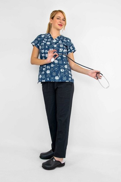 Navy Blue Cat Patterned Lycra Bottom Top Set