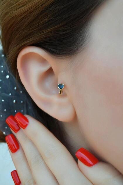 Siyah Kalpli Halka Tragus Piercing Kıkırdak Küpesi