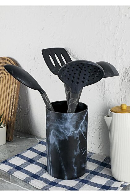 Marble Patterned Kitchen Set Ladle Colander Spoon Spatula Black