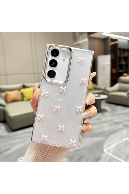 Samsung Galaxy S24 Fe Phone Case Pink Bow Pattern Transparent Case Glitter Shiny Cover