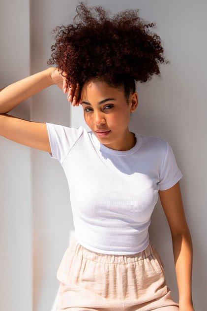 Women's White Corded Crew Neck Basic Crop T-shirt