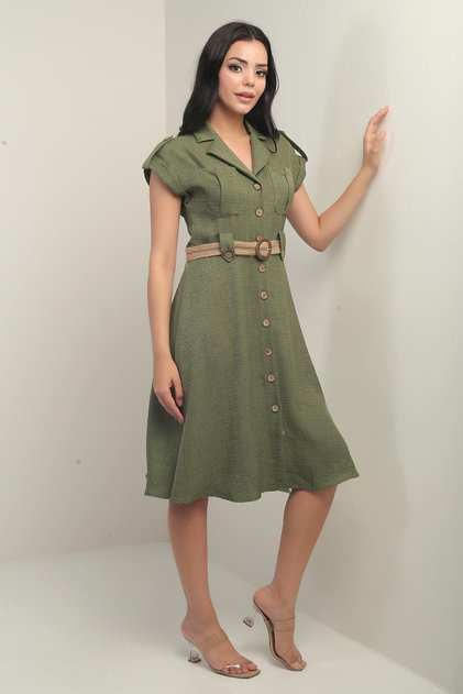 Women's Collared Off-Shoulder Double Pocket Belted Linen Effect Dress Slim Fit